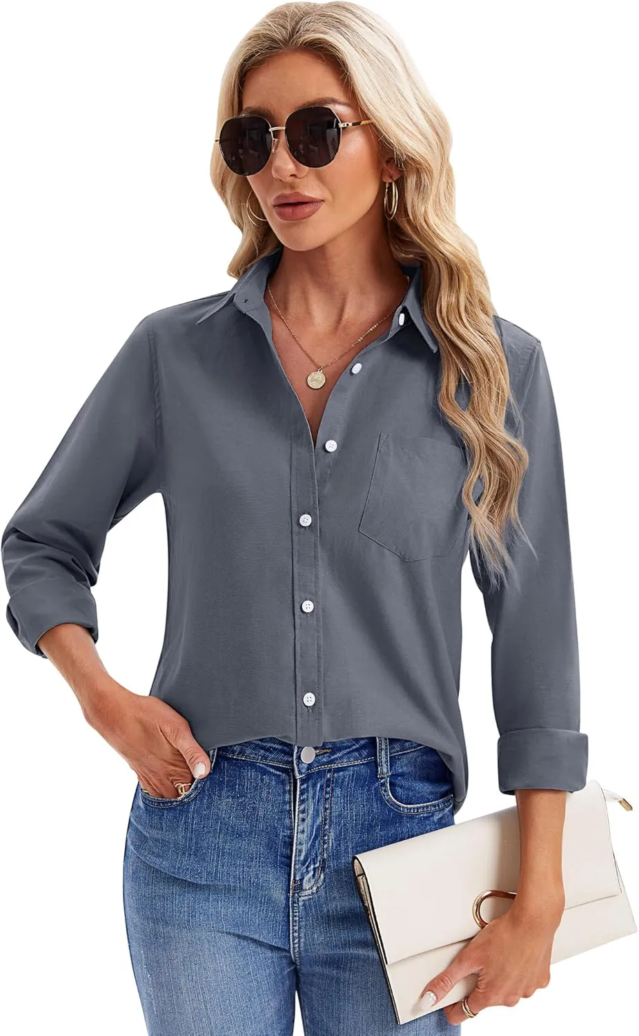 siliteelon Womens Button Down Shirts Long Sleeve Collared Office Work Blouses Tops with Pocket Oxford Shirts
