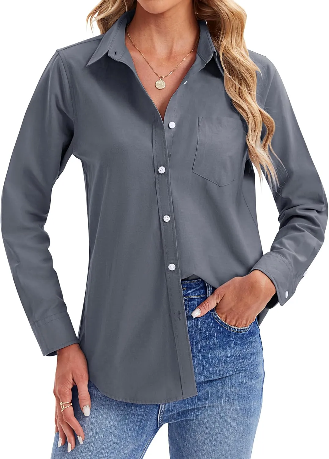 siliteelon Womens Button Down Shirts Long Sleeve Collared Office Work Blouses Tops with Pocket Oxford Shirts