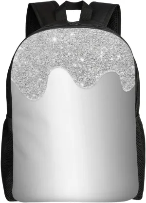Silver Glitter Drips Metallic Gray Backpack – Water-Resistant Laptop Bag, 15" Compartment, Lightweight Unisex Daypack For Work & Travel