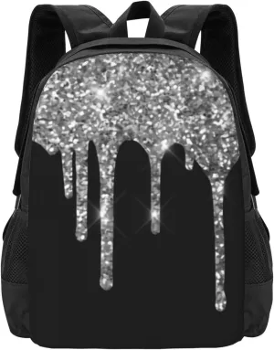 Silver Glitter Drips Sparkle Black Minimalist Large Backpack – 15”Laptop Backpack, Lightweight Travel & Work Bag With Ergonomic Straps