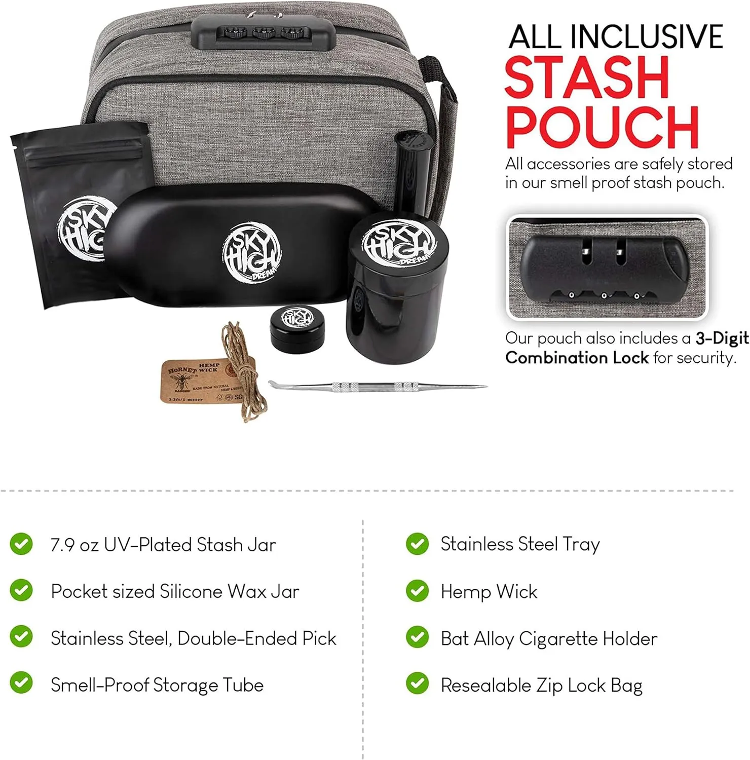 Smell Proof Storage Pouch - Polyester Odor Resistant Container with Easy Grip Handle - Portable Storage Bag with Padded Lock - 3 Digit Combination Lock - Grey