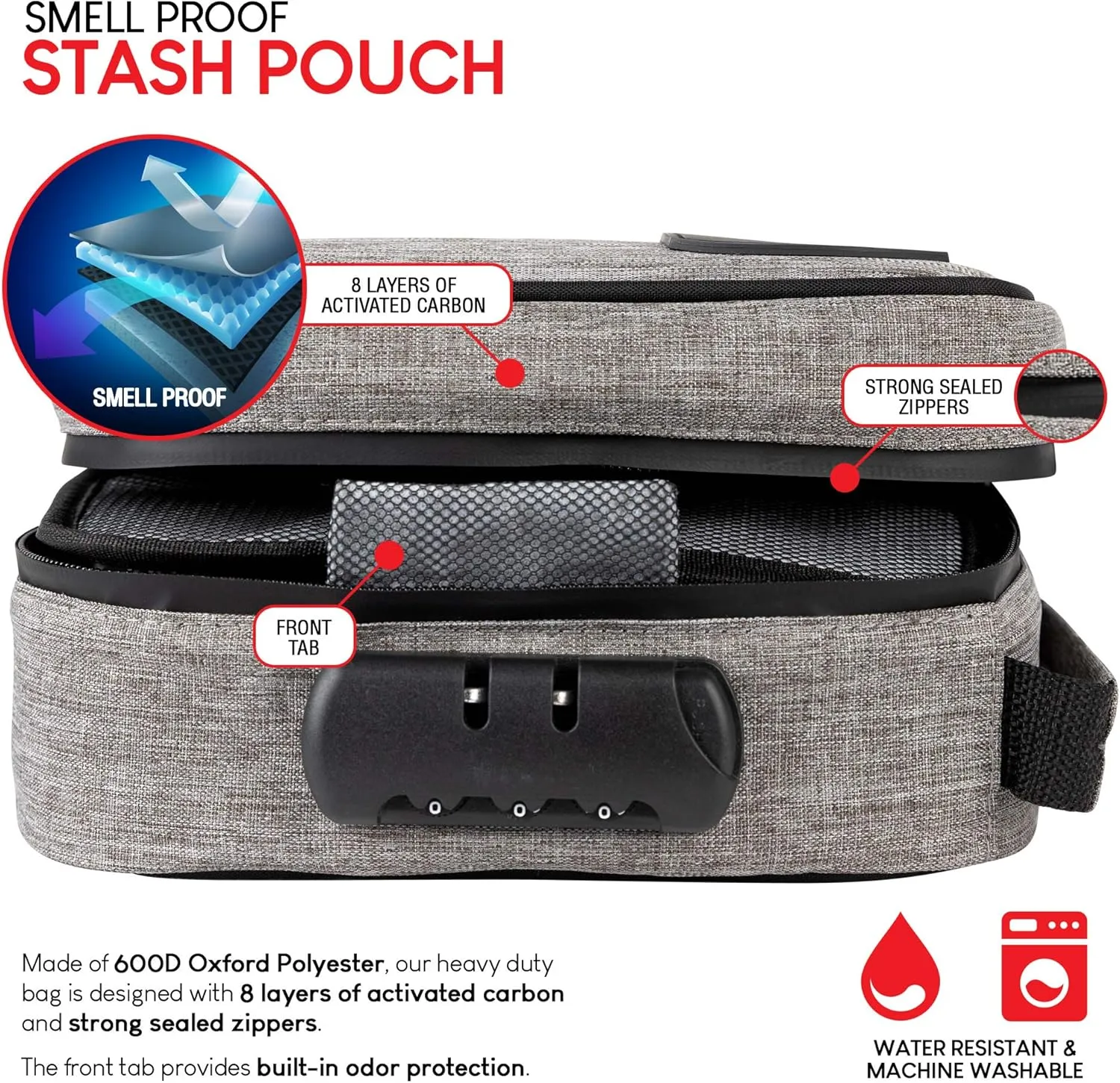 Smell Proof Storage Pouch - Polyester Odor Resistant Container with Easy Grip Handle - Portable Storage Bag with Padded Lock - 3 Digit Combination Lock - Grey