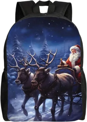 Snow Night Santa And Deer Travel Laptop Backpack Waterproof Lightweight Cute Backpack For Women Men Casual Daypack