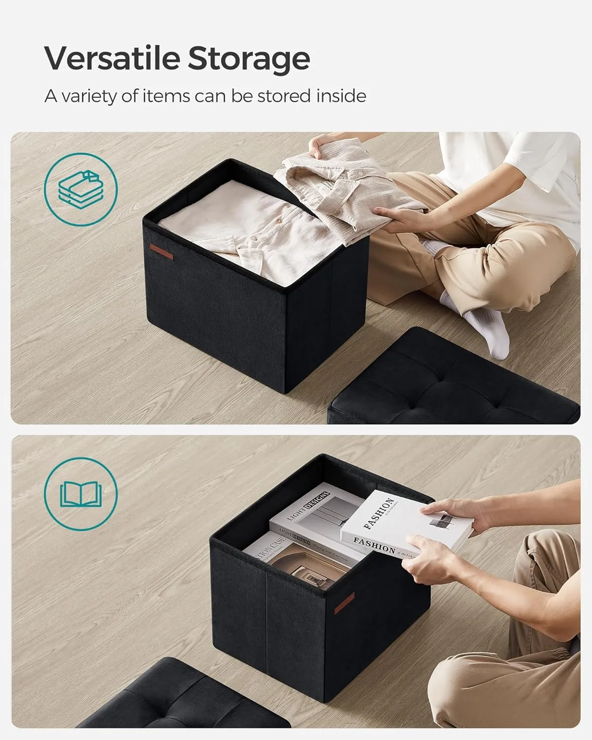 SONGMICS Storage Ottoman, Foldable Small Ottoman Foot Rest, 12.2 x 16.1 Inches Foot Stool, Load up to 286 lb, for Living Room, Bedroom, Dorm, Ink Black ULSF200B01