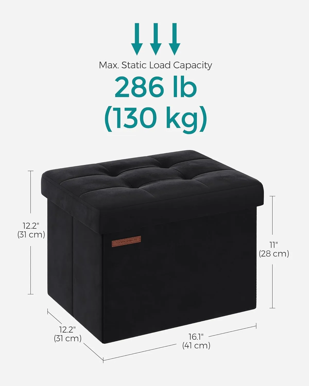 SONGMICS Storage Ottoman, Foldable Small Ottoman Foot Rest, 12.2 x 16.1 Inches Foot Stool, Load up to 286 lb, for Living Room, Bedroom, Dorm, Ink Black ULSF200B01