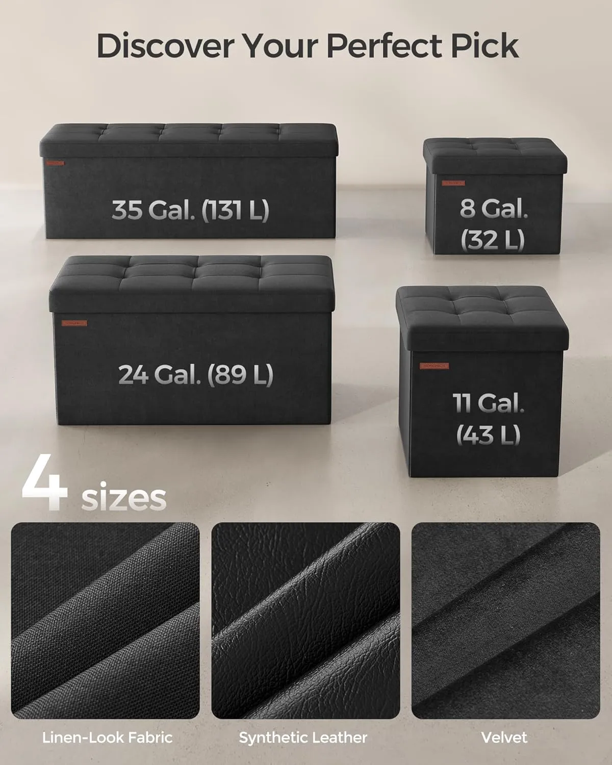 SONGMICS Storage Ottoman, Foldable Small Ottoman Foot Rest, 12.2 x 16.1 Inches Foot Stool, Load up to 286 lb, for Living Room, Bedroom, Dorm, Ink Black ULSF200B01