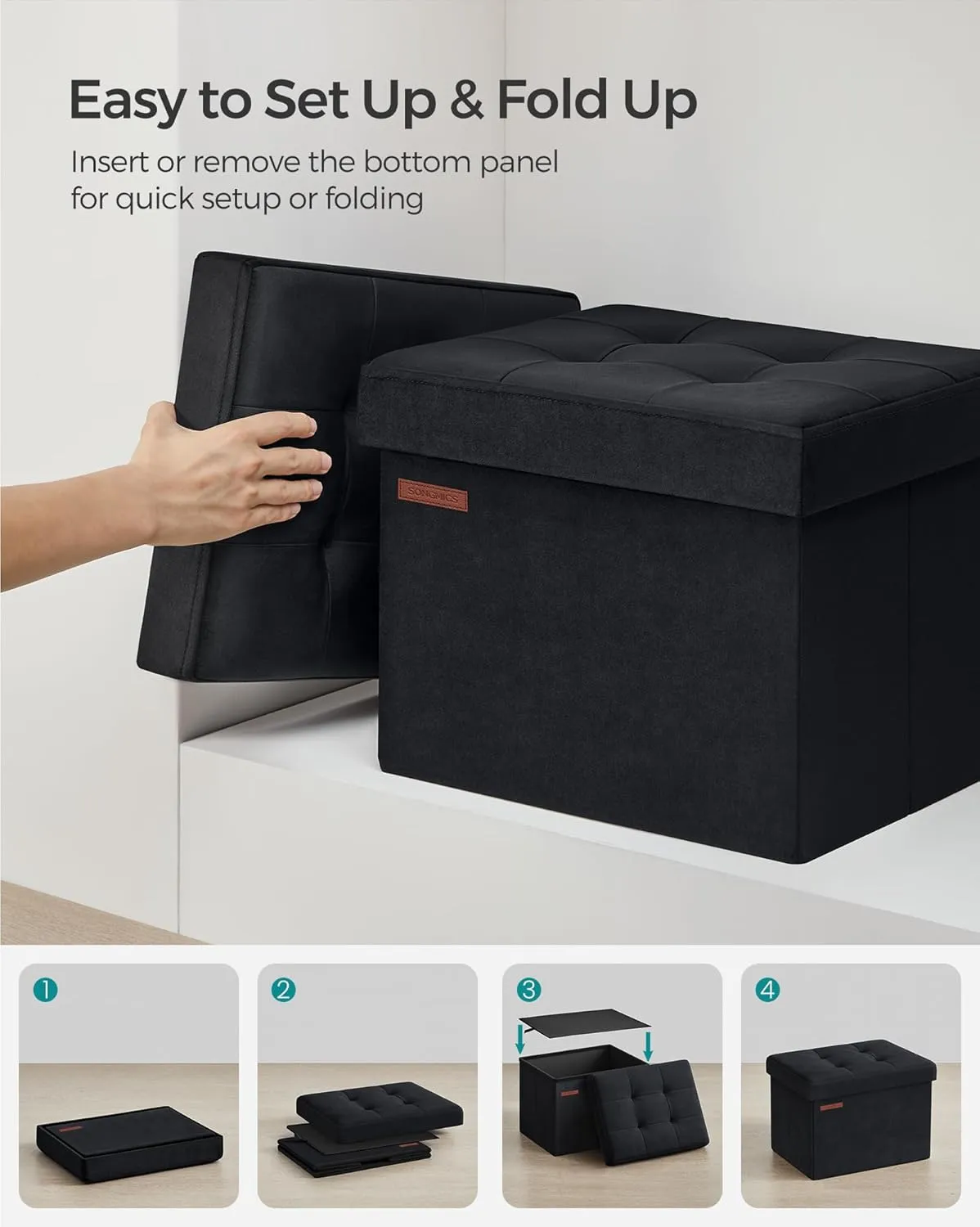 SONGMICS Storage Ottoman, Foldable Small Ottoman Foot Rest, 12.2 x 16.1 Inches Foot Stool, Load up to 286 lb, for Living Room, Bedroom, Dorm, Ink Black ULSF200B01