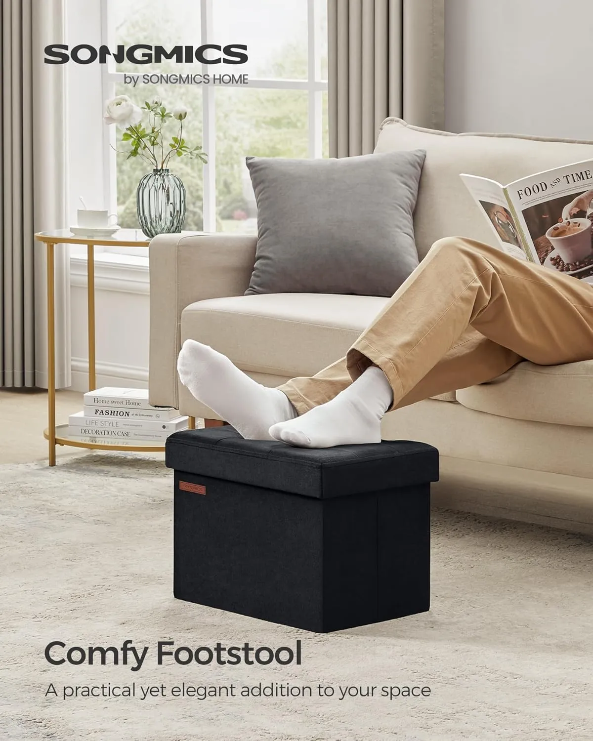 SONGMICS Storage Ottoman, Foldable Small Ottoman Foot Rest, 12.2 x 16.1 Inches Foot Stool, Load up to 286 lb, for Living Room, Bedroom, Dorm, Ink Black ULSF200B01