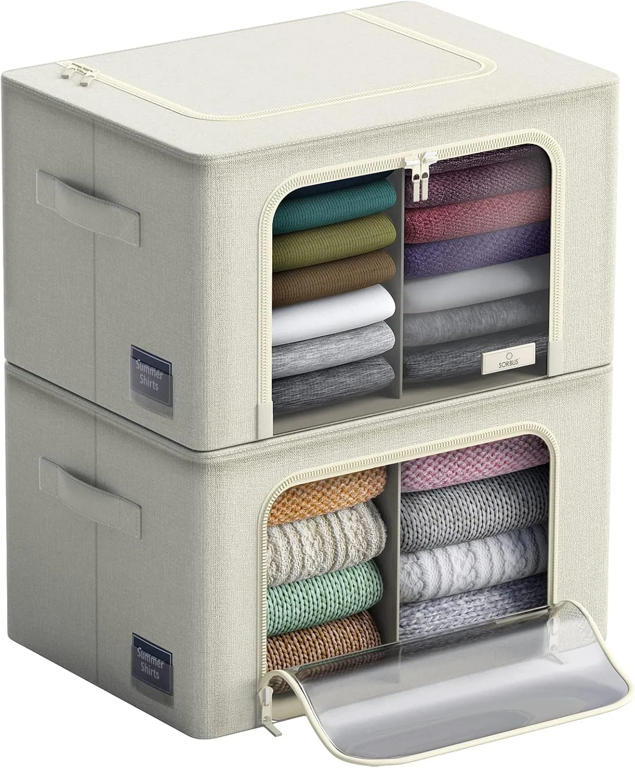 Sorbus Storage Bins with Divided Interior - Large Stackable & Foldable Organizer Containers with Metal Frame, Oxford Fabric, Large Window & Carry Handles - Organization for Bedroom, Linens & Clothes