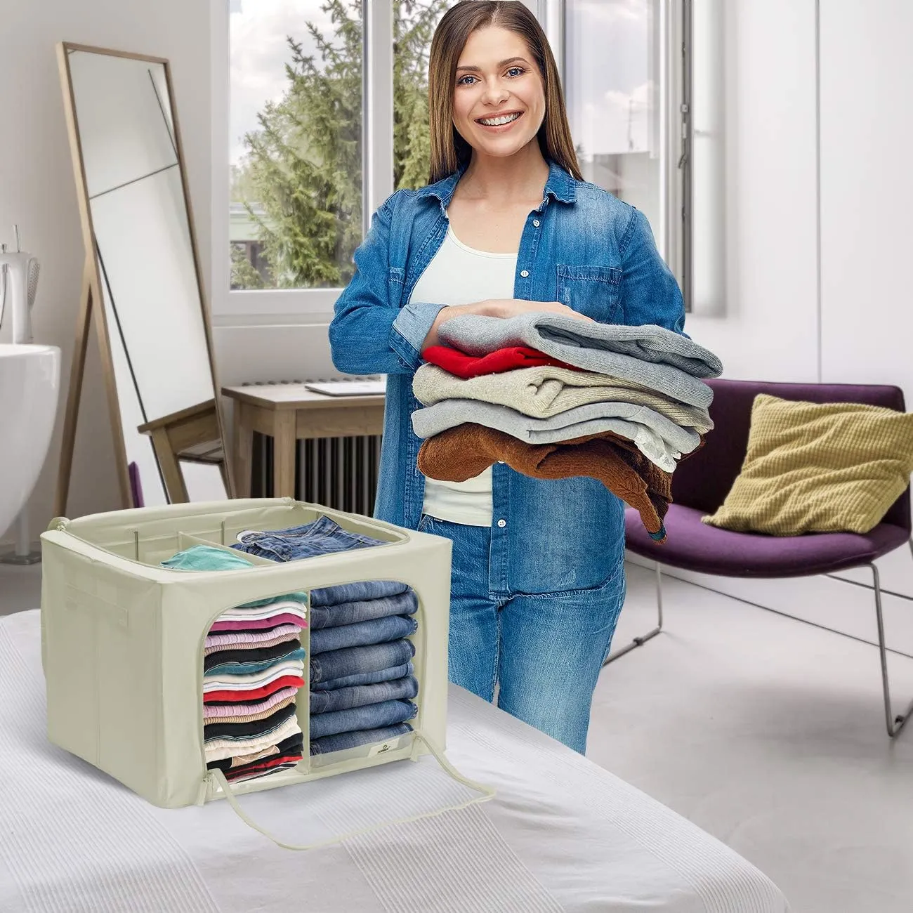 Sorbus Storage Bins with Divided Interior - Large Stackable & Foldable Organizer Containers with Metal Frame, Oxford Fabric, Large Window & Carry Handles - Organization for Bedroom, Linens & Clothes