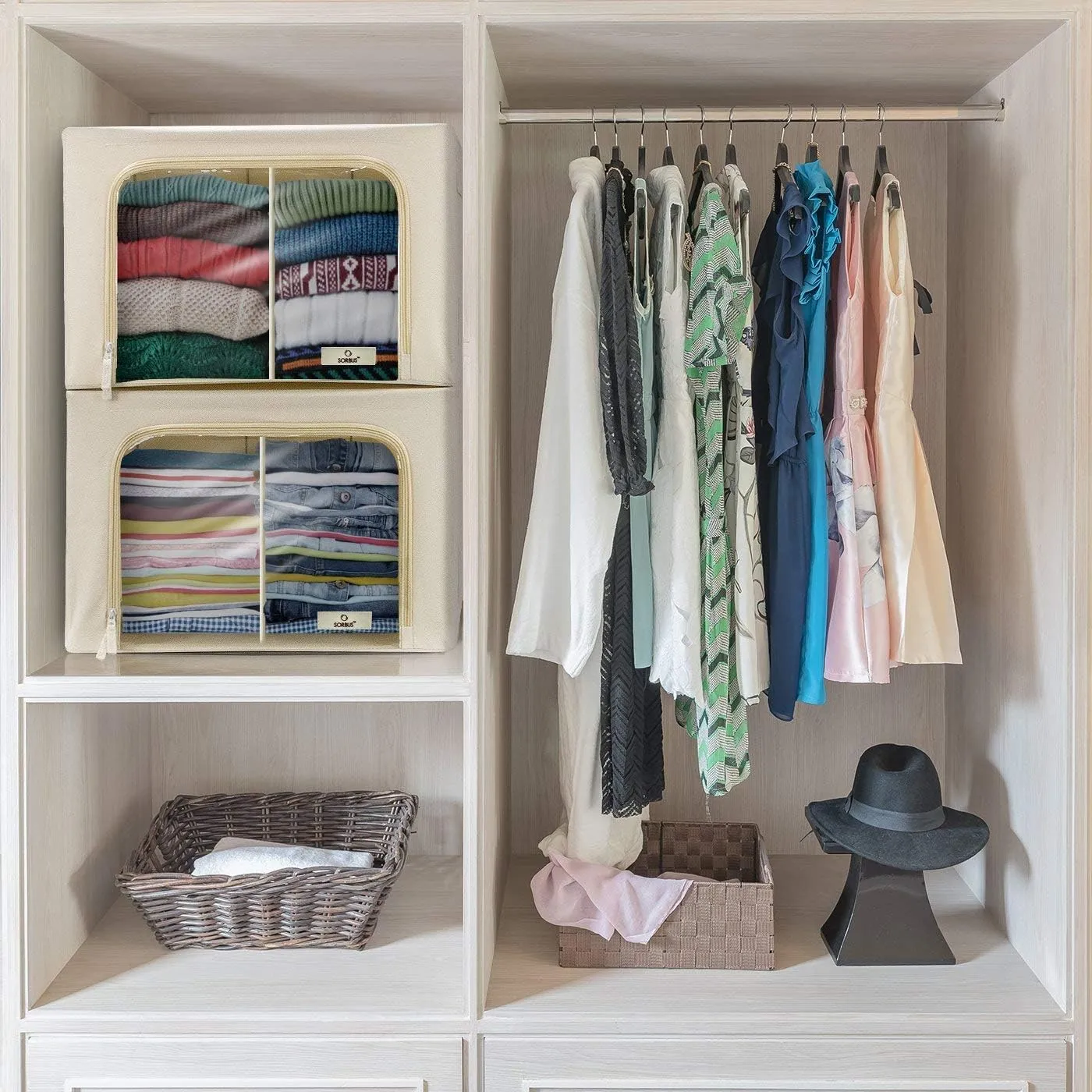 Sorbus Storage Bins with Divided Interior - Large Stackable & Foldable Organizer Containers with Metal Frame, Oxford Fabric, Large Window & Carry Handles - Organization for Bedroom, Linens & Clothes