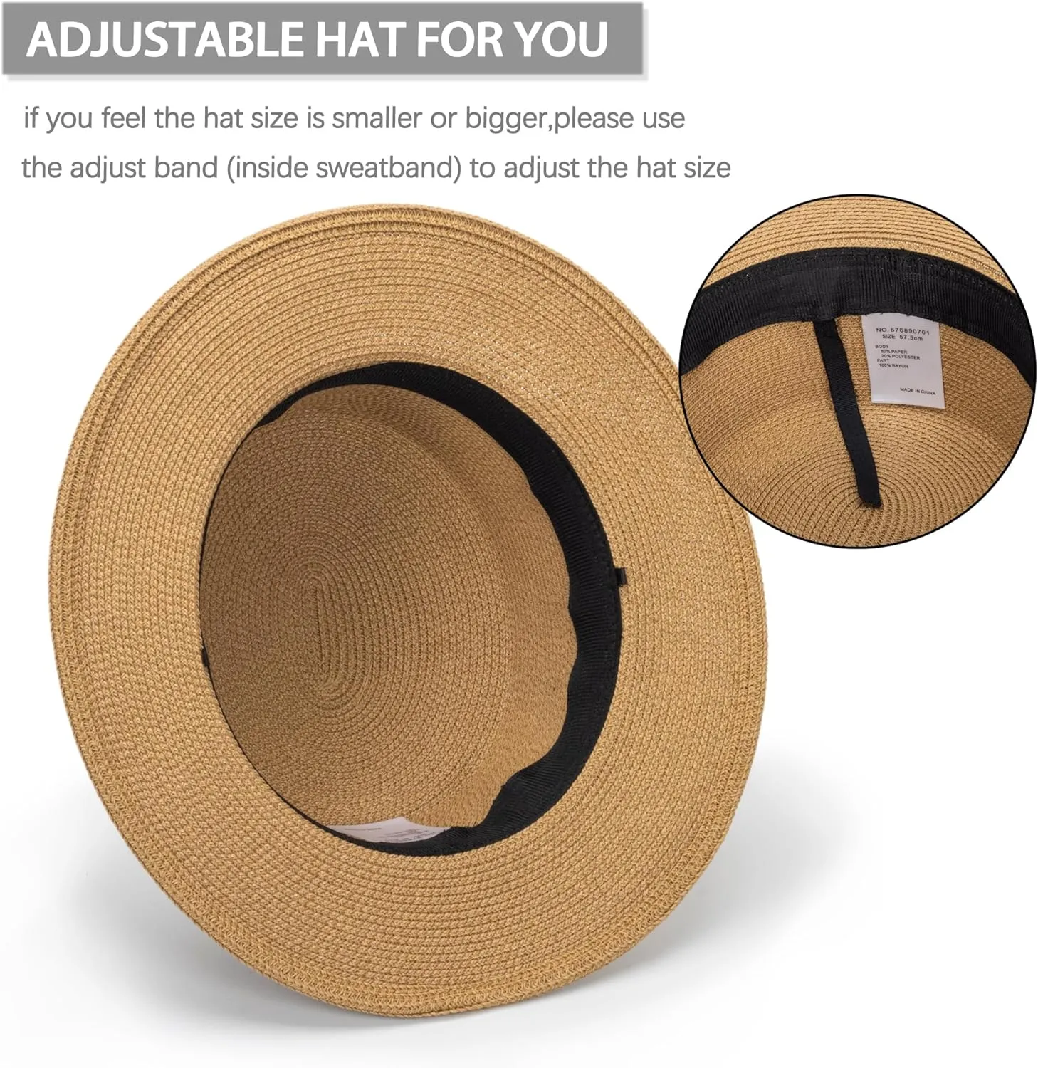Straw Boater Summer Sun Hat - Wide Brim Fedora Panama Summer Beach Hat for Men Women(Size:Large)