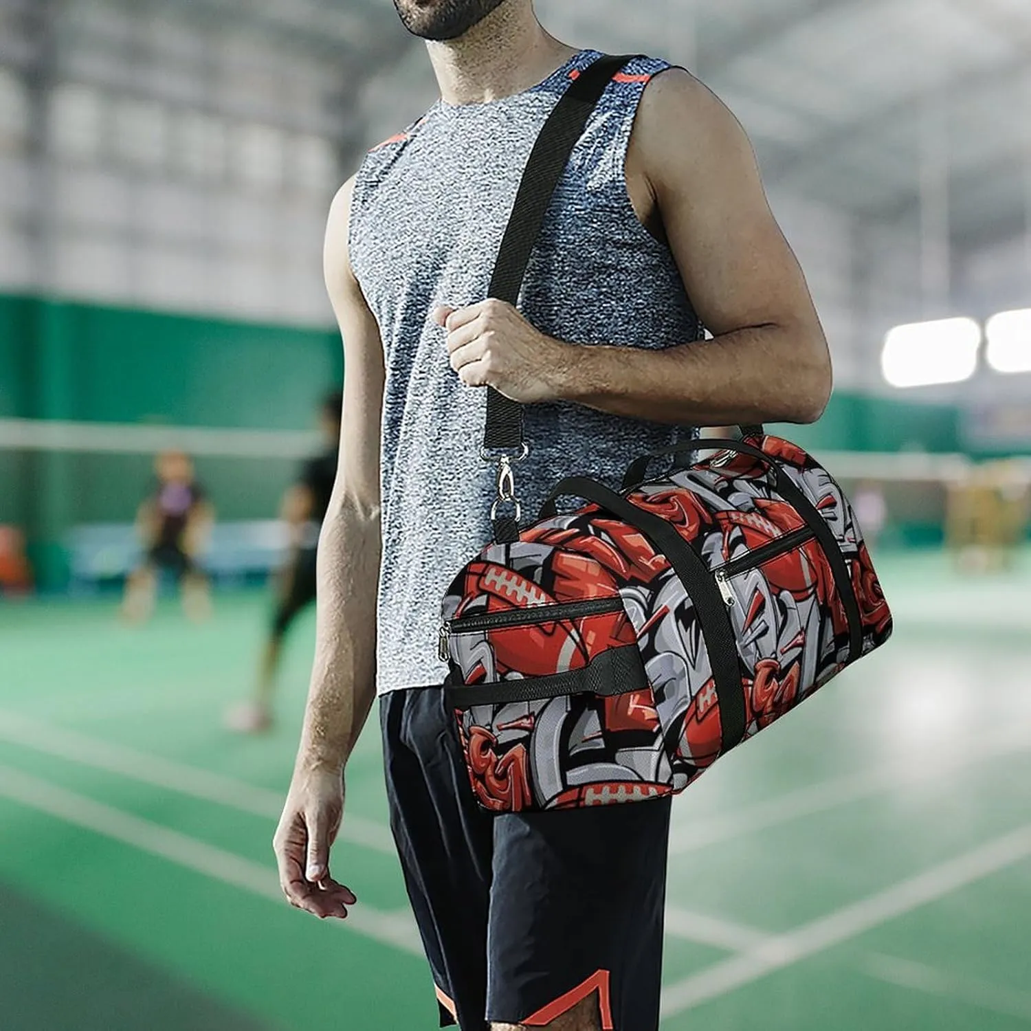 Street Art Style Graffiti with Football Fitness Large Gym Bag for Unisex with Shoe Compartment & Wet Pocket