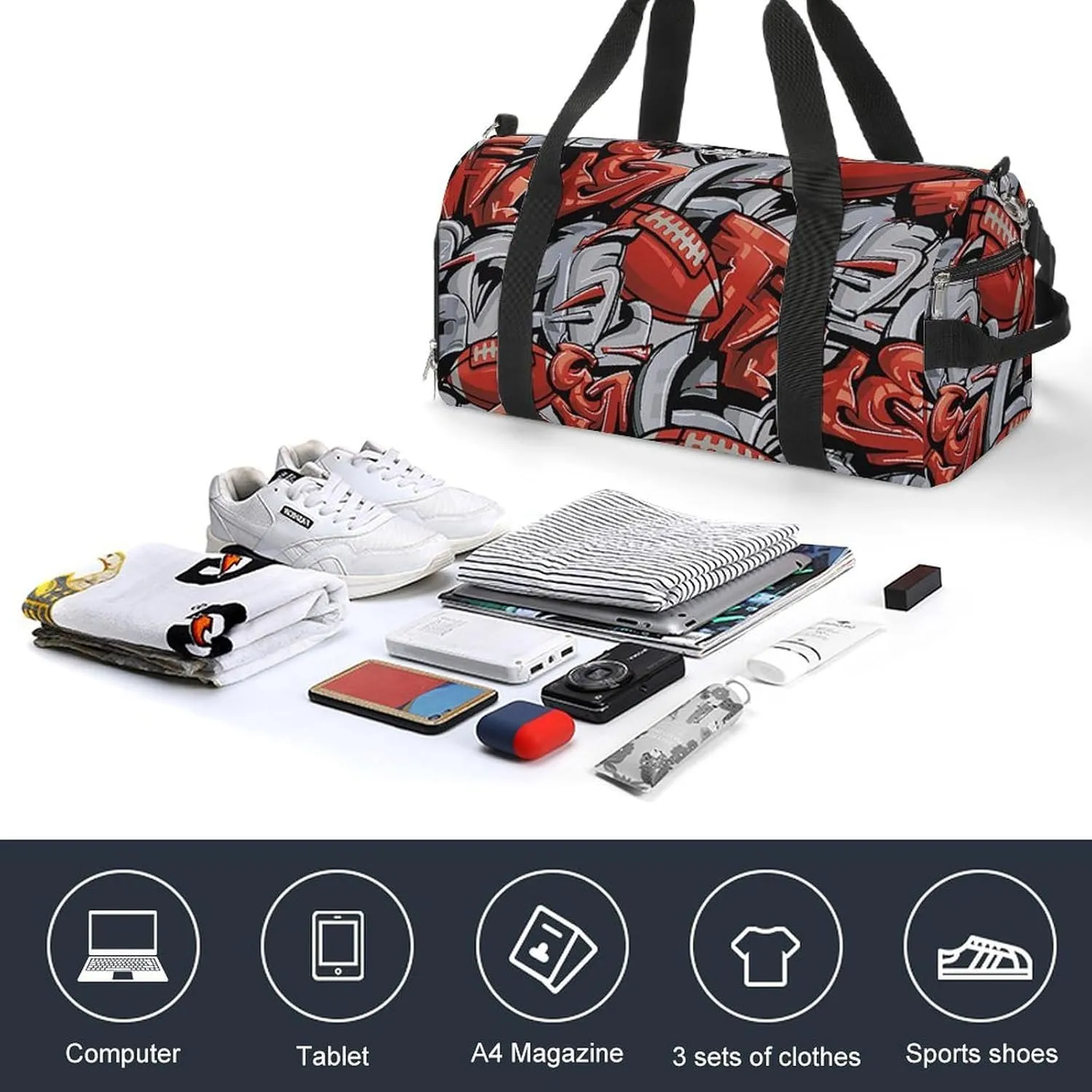 Street Art Style Graffiti with Football Fitness Large Gym Bag for Unisex with Shoe Compartment & Wet Pocket