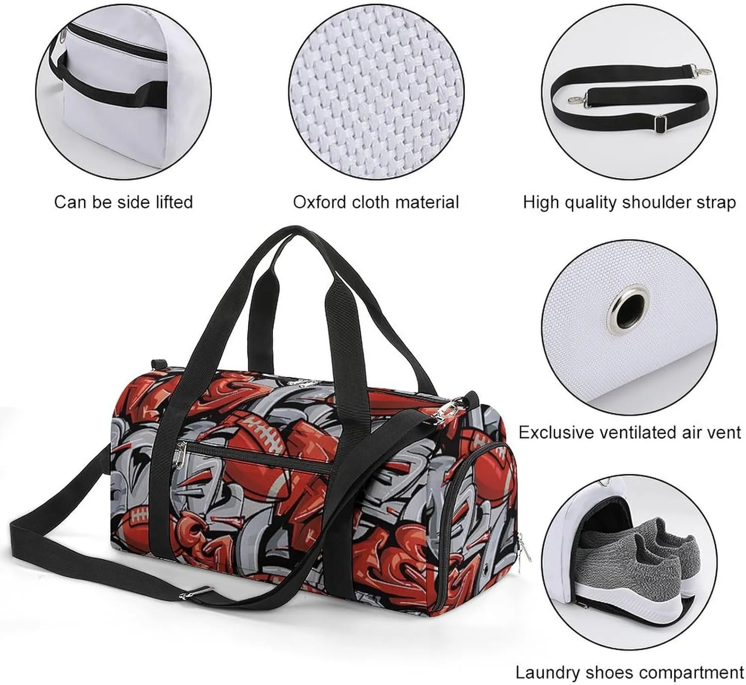 Street Art Style Graffiti with Football Fitness Large Gym Bag for Unisex with Shoe Compartment & Wet Pocket