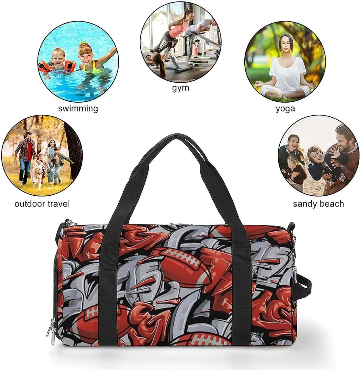 Street Art Style Graffiti with Football Fitness Large Gym Bag for Unisex with Shoe Compartment & Wet Pocket