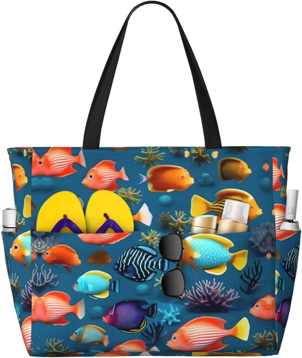 Submarine reef fish Large capacity beach bag with zipper, perfect for grocery bag pool gym travel shopping foldable beach travel bag,