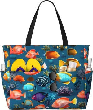 Submarine reef fish Large capacity beach bag with zipper, perfect for grocery bag pool gym travel shopping foldable beach travel bag,