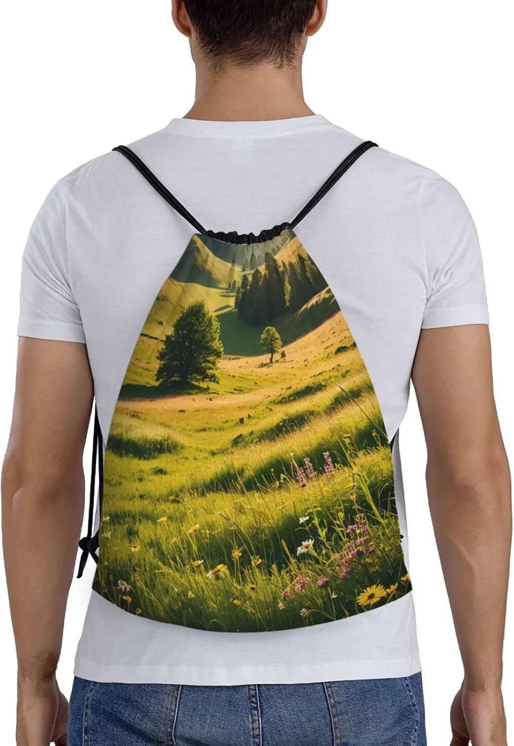 Sunlit Meadows Print Drawstring Bags 210D Polyester Backpack Foldable Sports Drawstring Sack Mini Travel Daypack