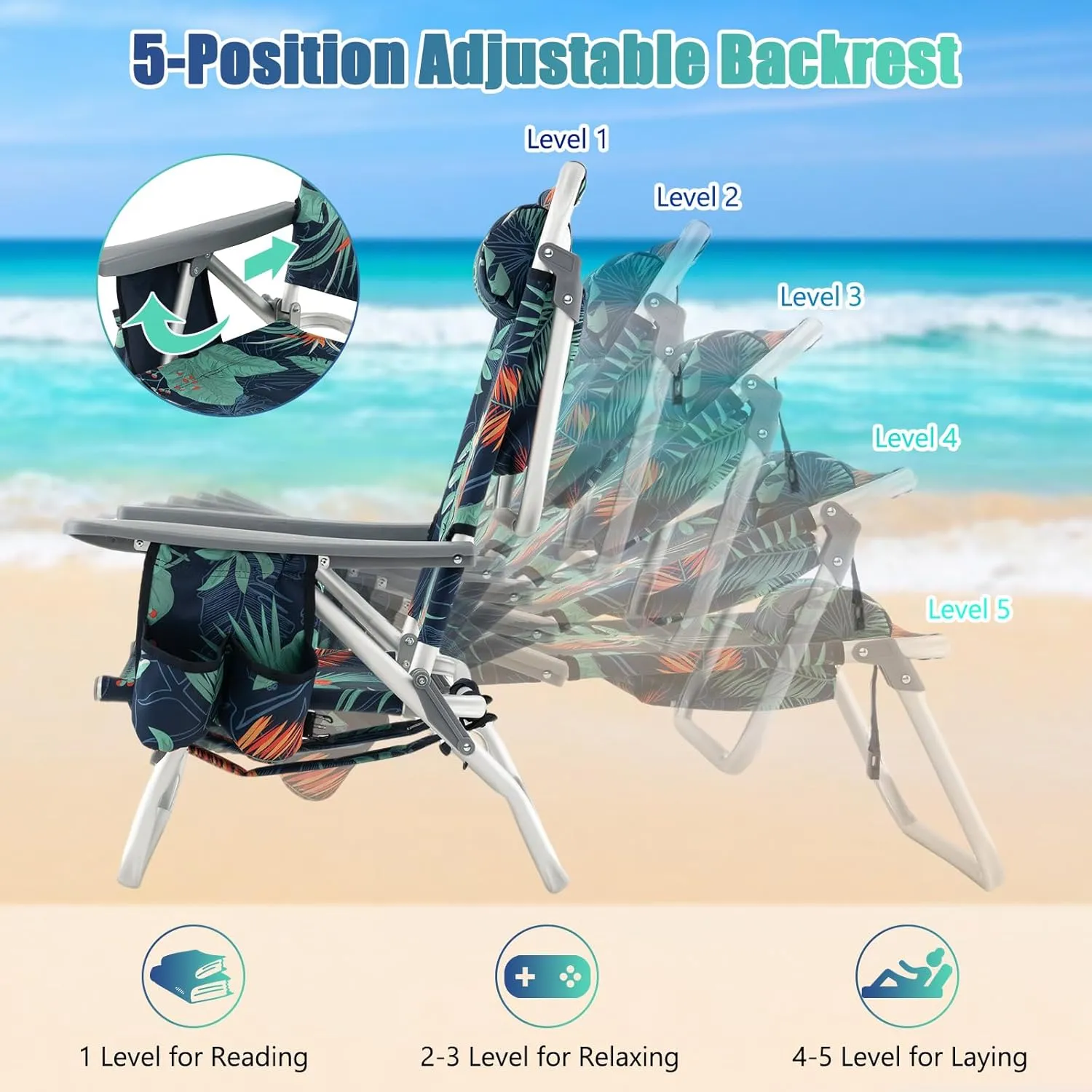 Tangkula Set of 4 Backpack Beach Chair, 5-Position Lay Flat Beach Chairs with Cooler Bag, 2 Cup Holders, Towel Bar, Lightweight Low Folding Beach Chair with Backpack Straps
