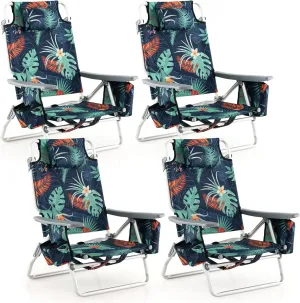 Tangkula Set of 4 Backpack Beach Chair, 5-Position Lay Flat Beach Chairs with Cooler Bag, 2 Cup Holders, Towel Bar, Lightweight Low Folding Beach Chair with Backpack Straps