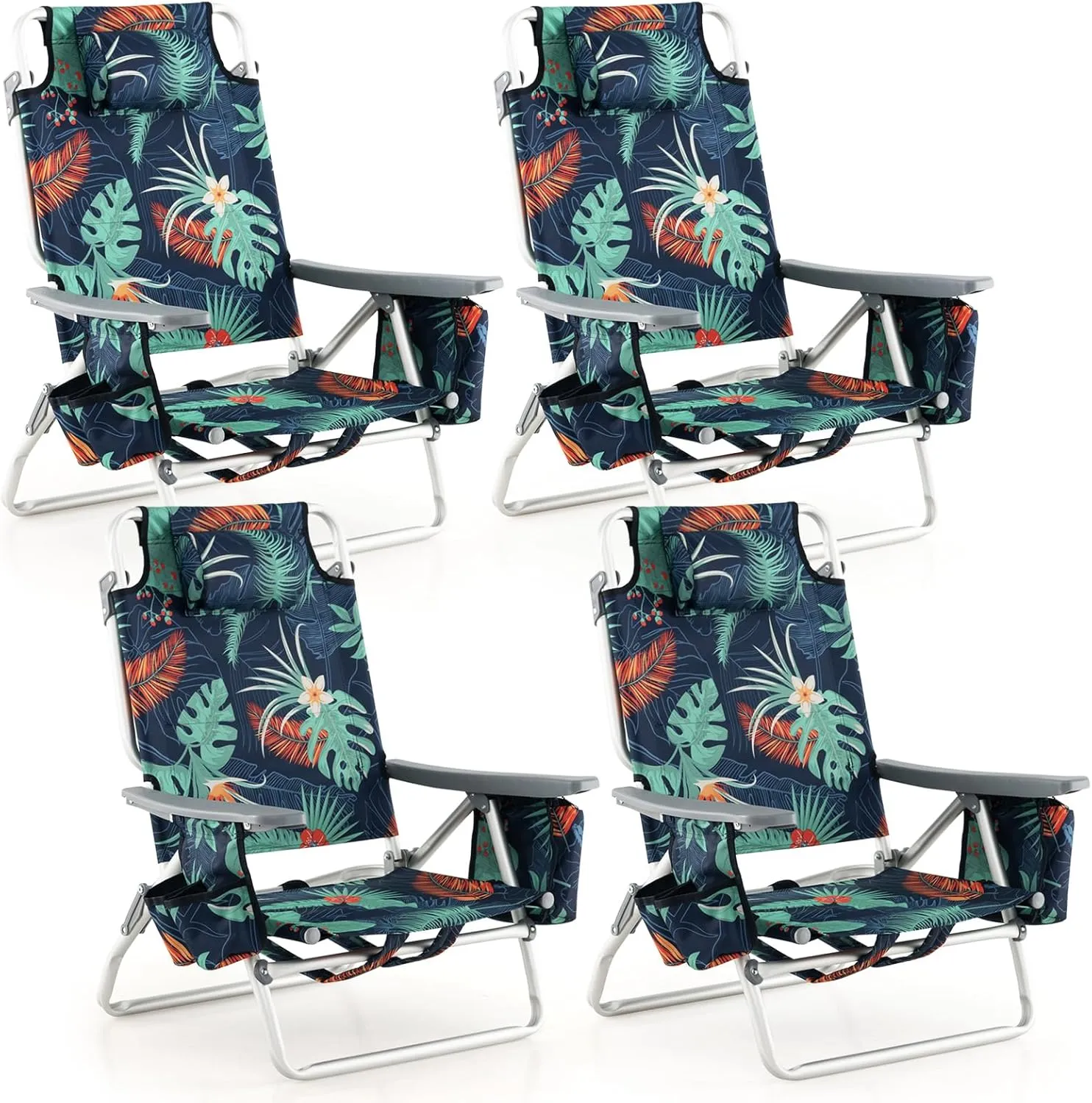 Tangkula Set of 4 Backpack Beach Chair, 5-Position Lay Flat Beach Chairs with Cooler Bag, 2 Cup Holders, Towel Bar, Lightweight Low Folding Beach Chair with Backpack Straps