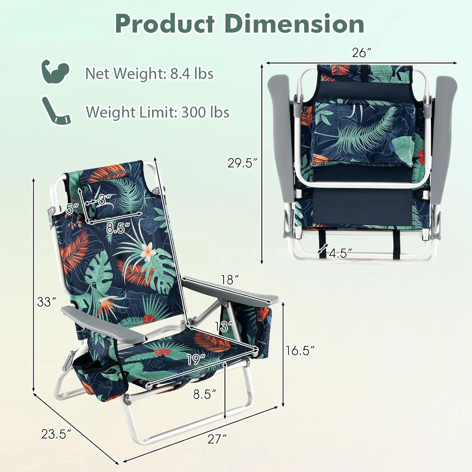 Tangkula Set of 4 Backpack Beach Chair, 5-Position Lay Flat Beach Chairs with Cooler Bag, 2 Cup Holders, Towel Bar, Lightweight Low Folding Beach Chair with Backpack Straps