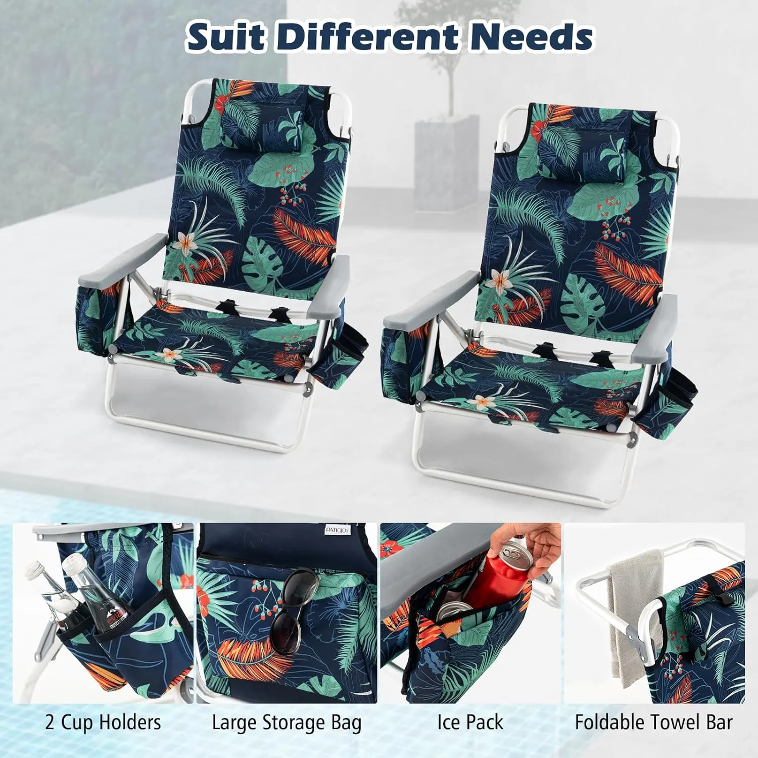 Tangkula Set of 4 Backpack Beach Chair, 5-Position Lay Flat Beach Chairs with Cooler Bag, 2 Cup Holders, Towel Bar, Lightweight Low Folding Beach Chair with Backpack Straps