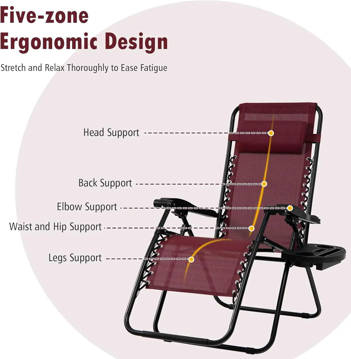Tangkula Zero Gravity Chair, Folding Patio Lounge Chair Adjustable Outdoor Recliner with Cup Holder, Wide Armrest for Patio Garden Poolside Outdoor Yard Beach, Support 350 lbs (1, Wine)