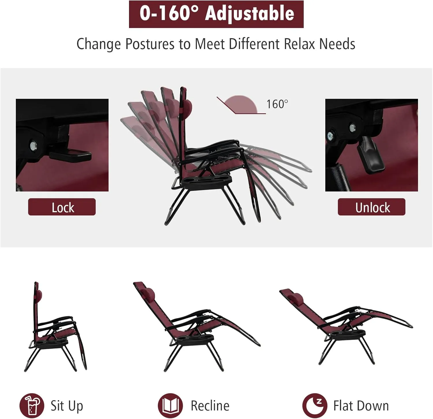 Tangkula Zero Gravity Chair, Folding Patio Lounge Chair Adjustable Outdoor Recliner with Cup Holder, Wide Armrest for Patio Garden Poolside Outdoor Yard Beach, Support 350 lbs (1, Wine)