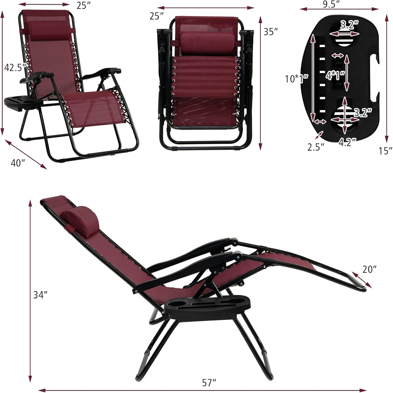 Tangkula Zero Gravity Chair, Folding Patio Lounge Chair Adjustable Outdoor Recliner with Cup Holder, Wide Armrest for Patio Garden Poolside Outdoor Yard Beach, Support 350 lbs (1, Wine)