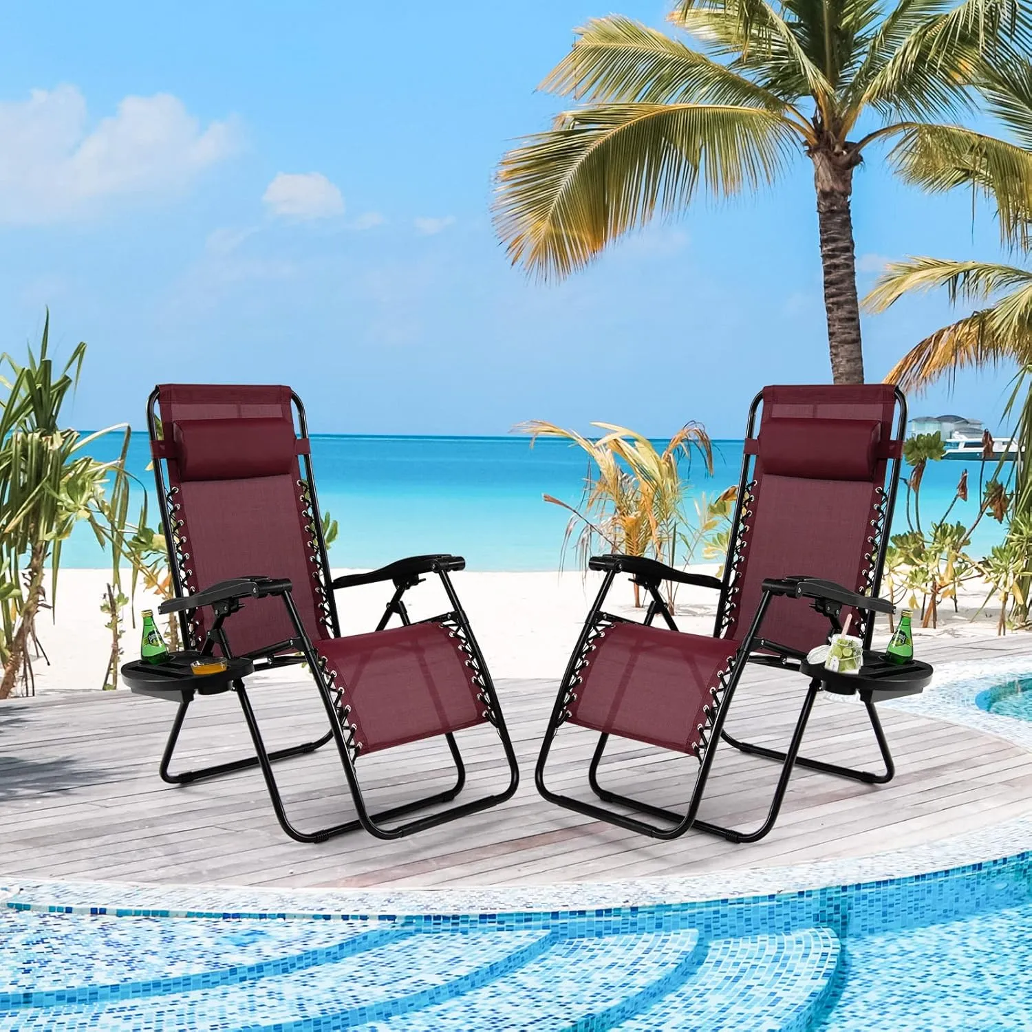 Tangkula Zero Gravity Chair, Folding Patio Lounge Chair Adjustable Outdoor Recliner with Cup Holder, Wide Armrest for Patio Garden Poolside Outdoor Yard Beach, Support 350 lbs (1, Wine)