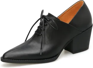 TinaCus Handmade Women's Genuine Leather Lace Up Pointed Toe Stacked Heel Oxford Shoes
