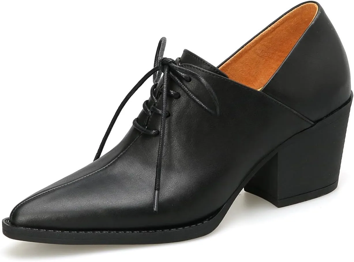TinaCus Handmade Women's Genuine Leather Lace Up Pointed Toe Stacked Heel Oxford Shoes