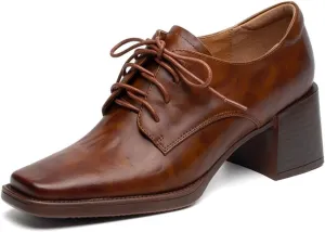 TinaCus Women's Genuine Leather Square Toe Lace-up Stacked Heel Office Oxford Shoes