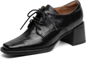 TinaCus Women's Genuine Leather Square Toe Lace-up Stacked Heel Office Oxford Shoes