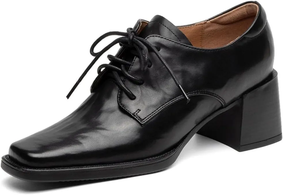 TinaCus Women's Genuine Leather Square Toe Lace-up Stacked Heel Office Oxford Shoes