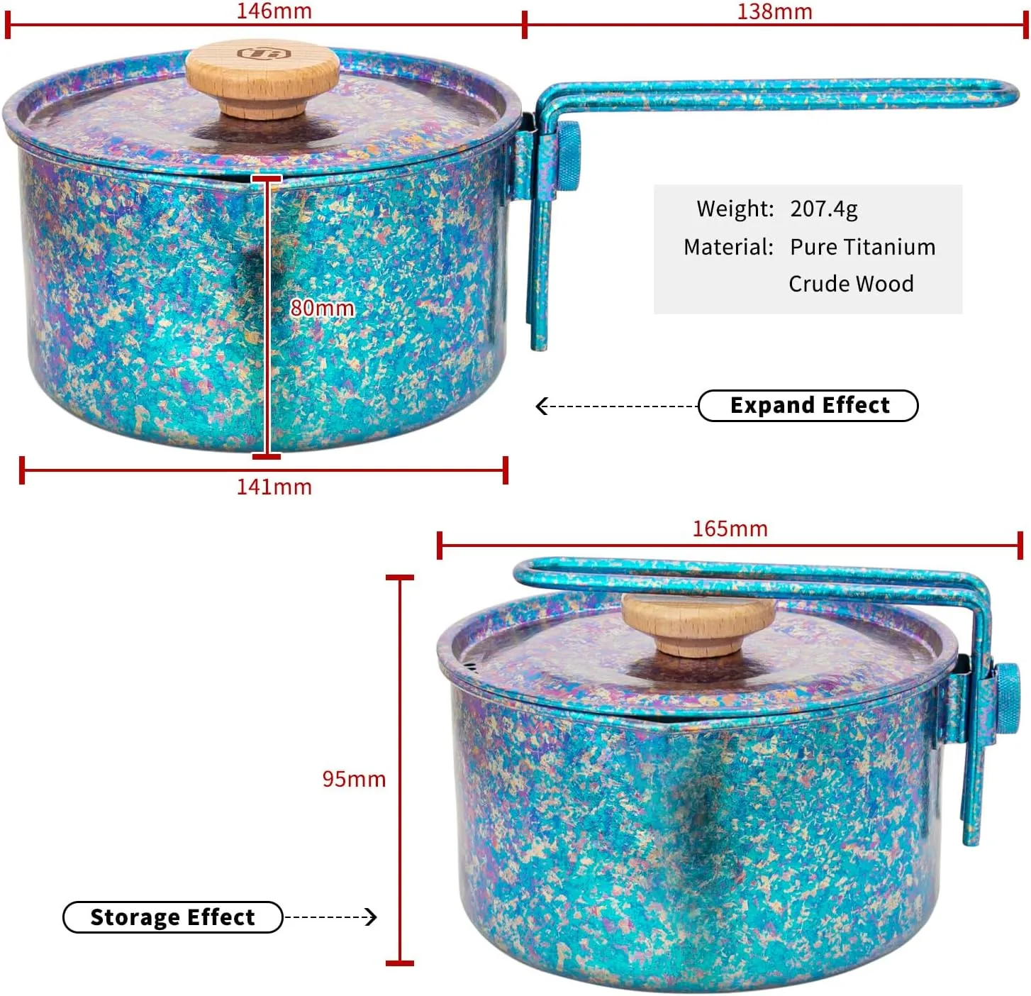 TiTo Titanium Camping Pot Lunch Box with Lid & Folding Handle Ultralight Portable Outdoor Heated Bowl for Hiking Backpacking Picnic Travel Adventure Cookware Bento Box