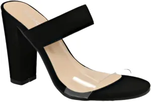 TOP Moda Women Clear Open Round Toe Double Strap Rhinestone Embellished Chunky Mule Heel Sandal