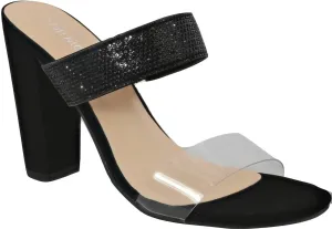 TOP Moda Women Clear Open Round Toe Double Strap Rhinestone Embellished Chunky Mule Heel Sandal
