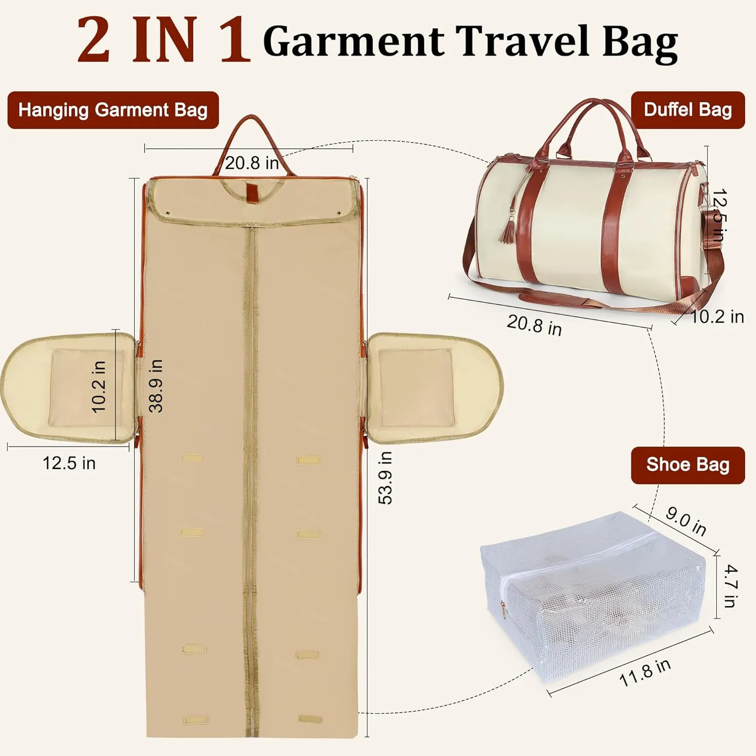 Travel Garment Bag Stylish Large PU Leather Suit Bag Convertible Garment Bags for Travel with Shoe Pouch 2 in 1 Foldable Duffle Bag