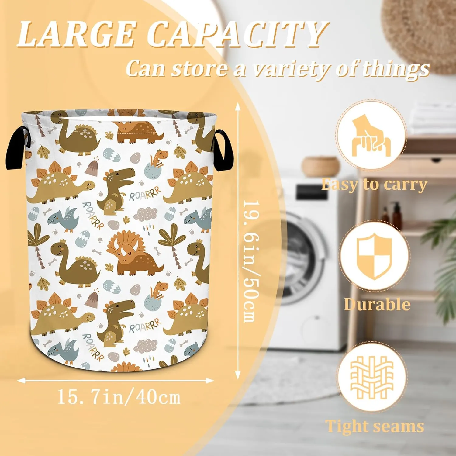 Tropical Boho Dinosaur Laundry Basket, Foldable Waterproof Oxford Cloth Laundry Hamper Funny Tote Bag Dirty Clothes Storage Bucket Toy Organizer for Bathroom/Laundry/Bedroom 15.7"x19.6"