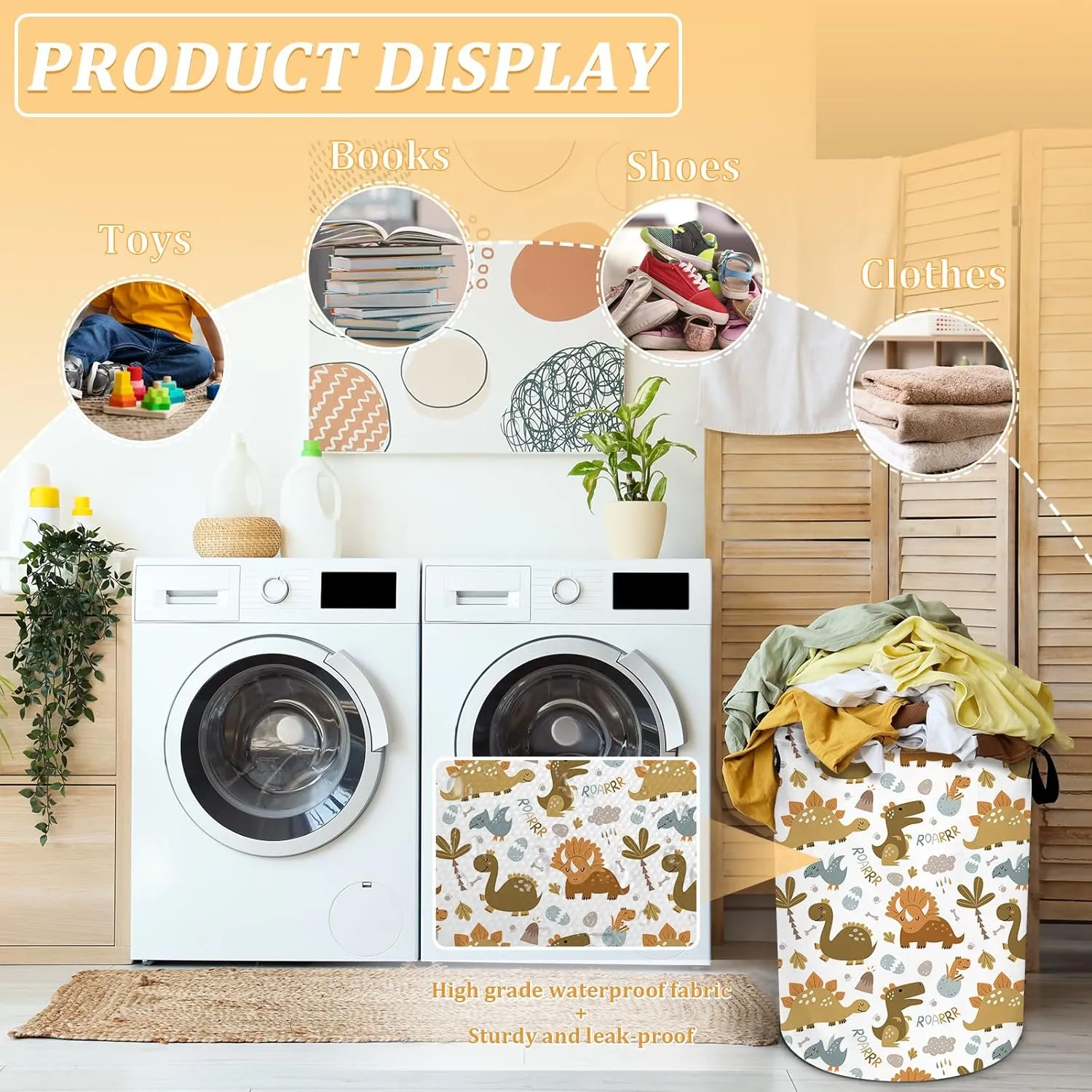 Tropical Boho Dinosaur Laundry Basket, Foldable Waterproof Oxford Cloth Laundry Hamper Funny Tote Bag Dirty Clothes Storage Bucket Toy Organizer for Bathroom/Laundry/Bedroom 15.7"x19.6"