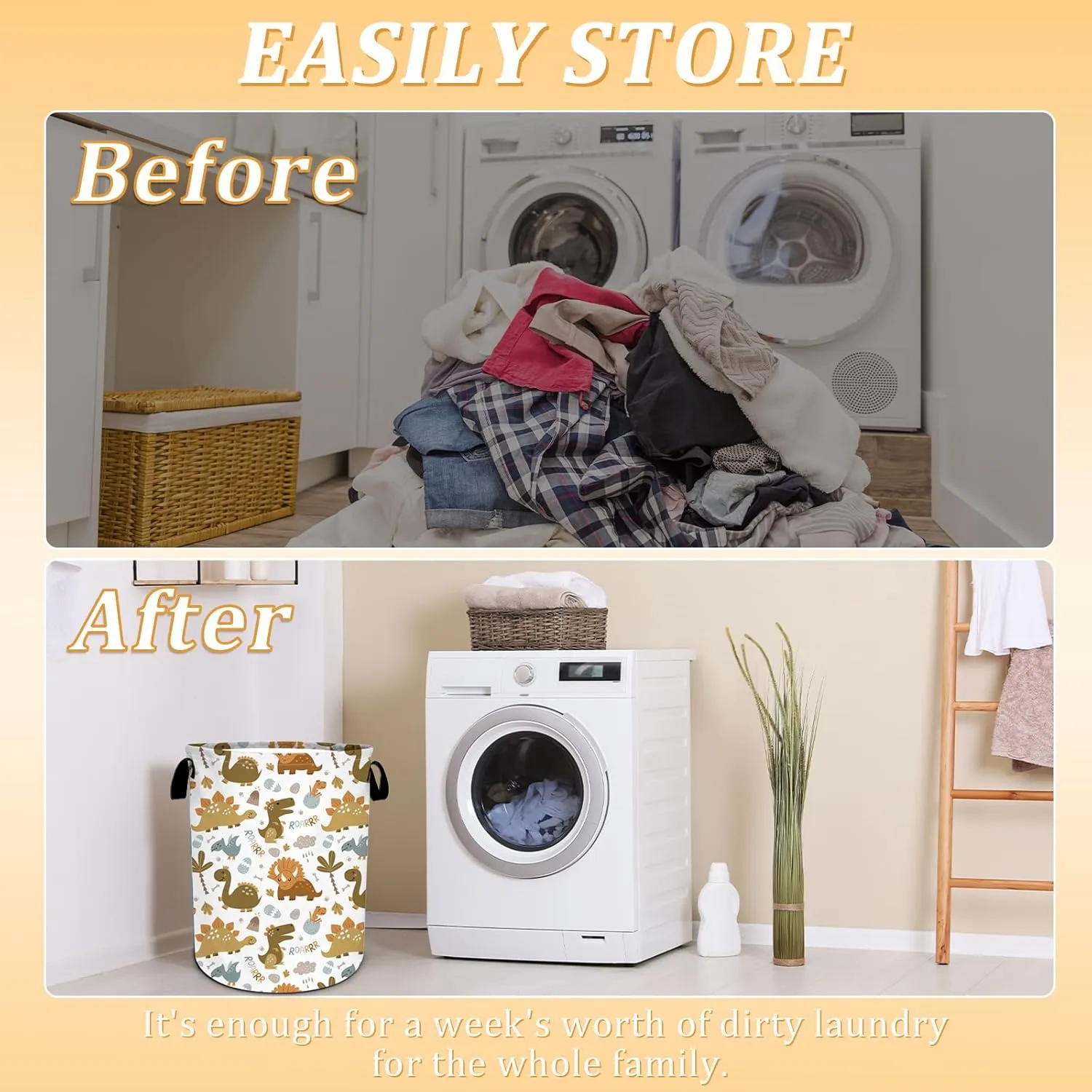Tropical Boho Dinosaur Laundry Basket, Foldable Waterproof Oxford Cloth Laundry Hamper Funny Tote Bag Dirty Clothes Storage Bucket Toy Organizer for Bathroom/Laundry/Bedroom 15.7"x19.6"