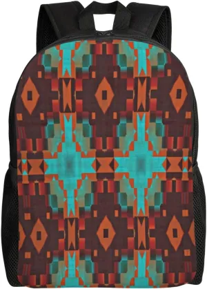 Turquoise Teal Orange Red Tribal Mosaic Minimalist Laptop Backpack – Waterproof Business Travel Bag, Breathable Design, Modern Work & Leisure