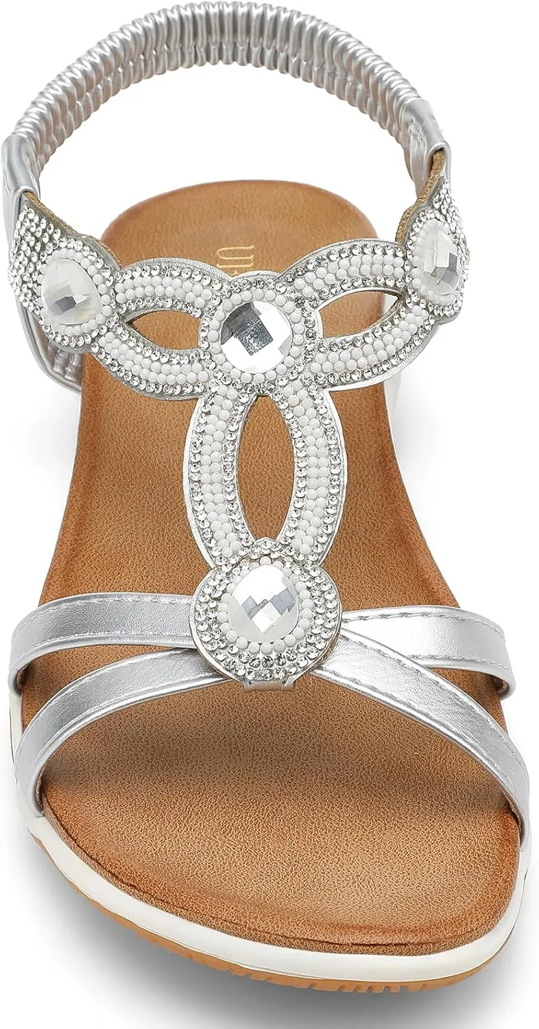 UBFEN Flat Sandals For Women Dressy Walking Comfortable Sandal With Rhinestone Braid Elastic Strap Summer Vacation