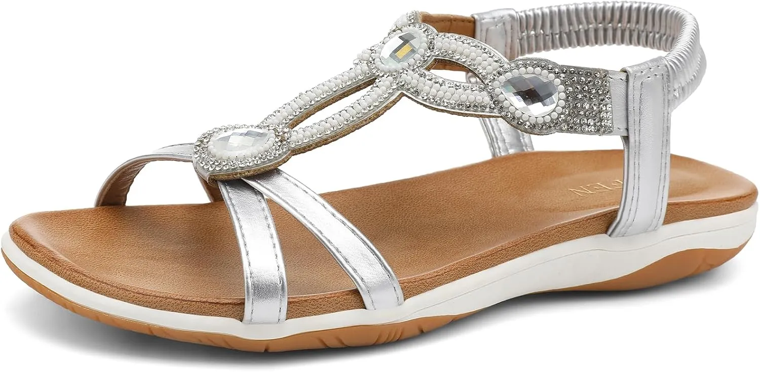 UBFEN Flat Sandals For Women Dressy Walking Comfortable Sandal With Rhinestone Braid Elastic Strap Summer Vacation