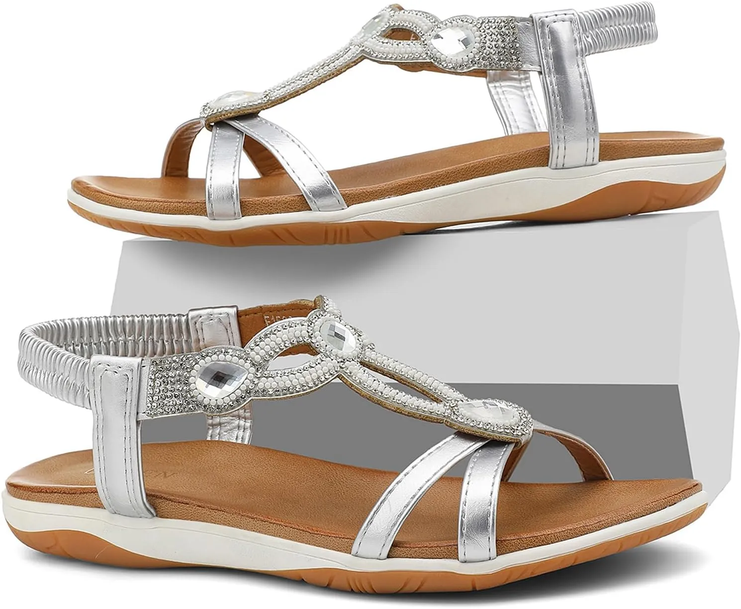 UBFEN Flat Sandals For Women Dressy Walking Comfortable Sandal With Rhinestone Braid Elastic Strap Summer Vacation