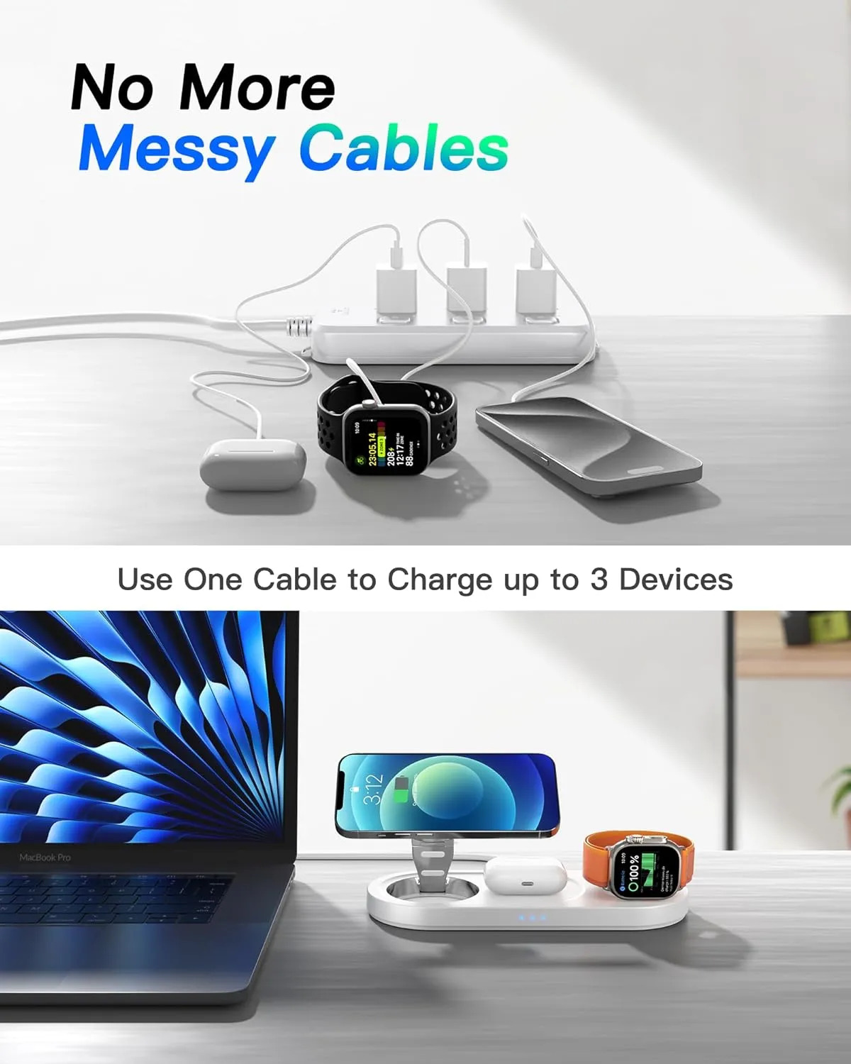 Upgraded 3 in 1 Wireless Charger, Nano Magnetic iPhone Charging Station for Apple Devices, Fast Mag Safe Charging Pad for iPhone 16/15/14/13/12 Series & AirPods Pro & Apple Watch Series, White