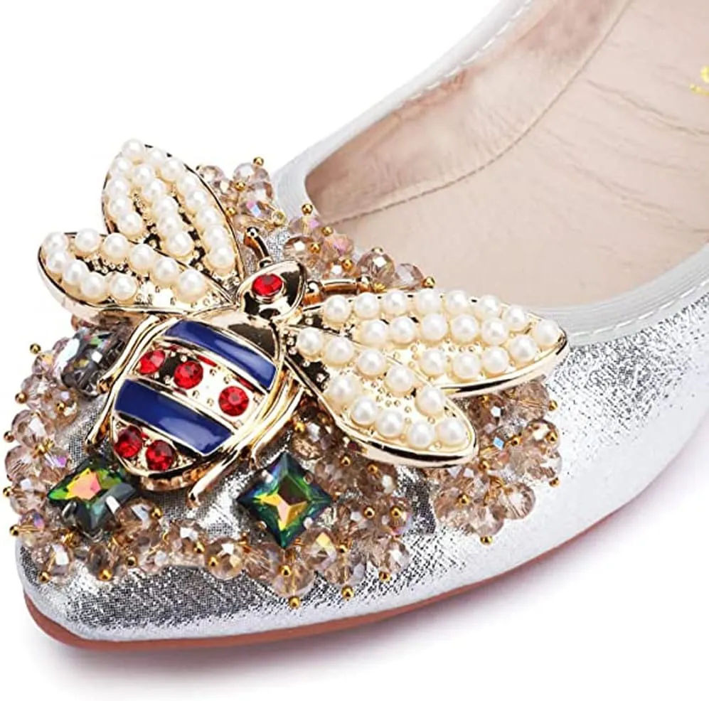 USANDY Women Ballet Flats Rhinestone Wedding Ballerina Shoes Foldable Sparkly Comfort Slip on Flat Shoes